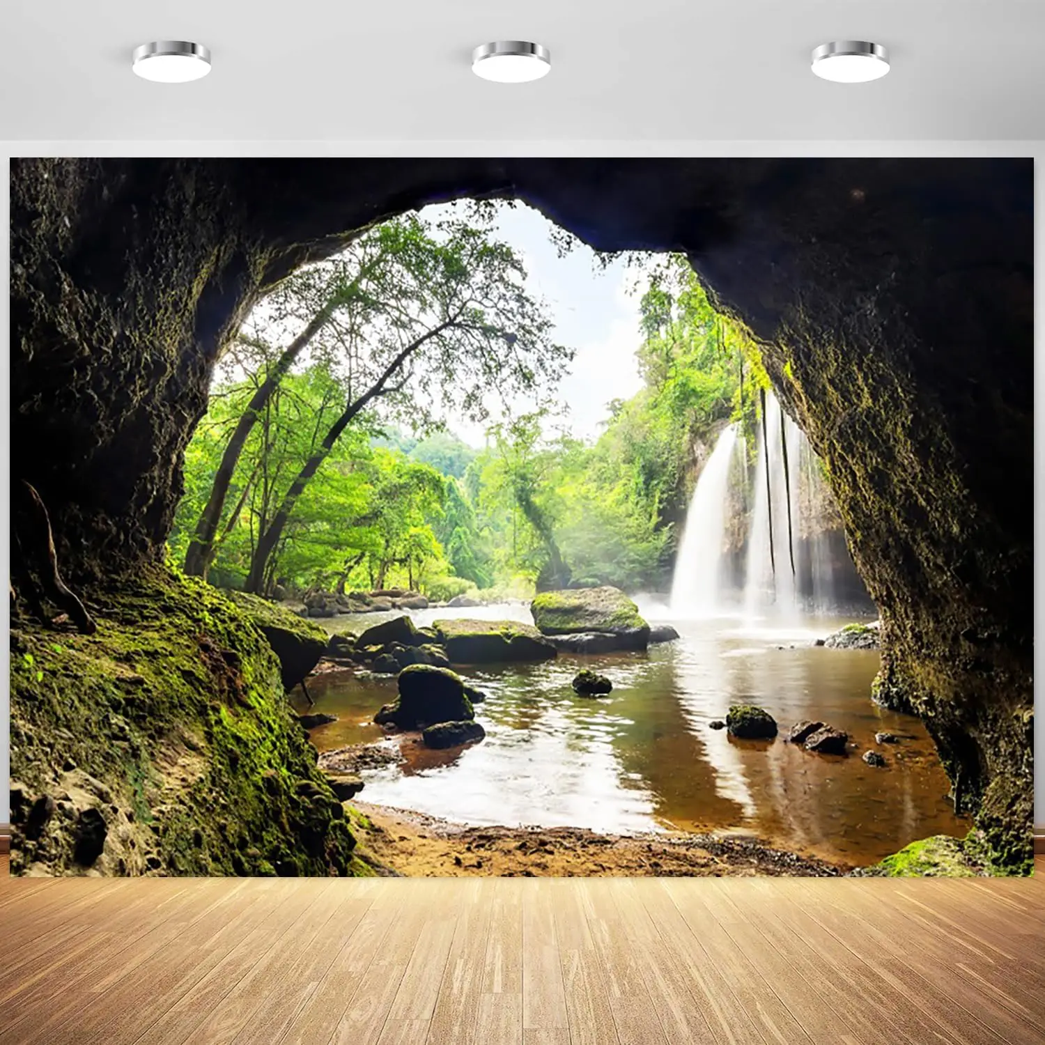 Outdoor Adventure Background - Cachoeira na floresta, montanha, caverna, árvores
